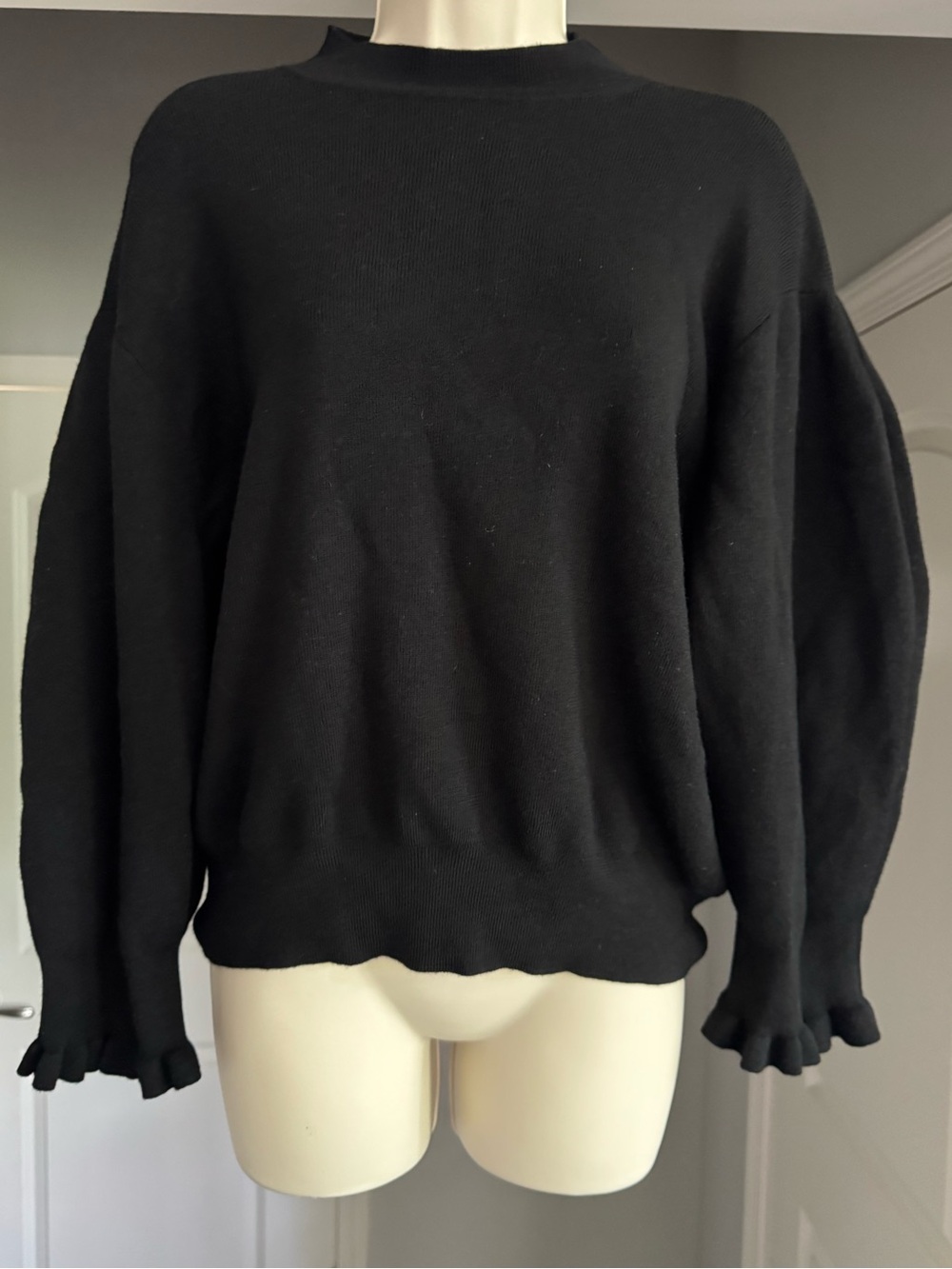 Madewell Merino Wool Balloon Sleeve Ruffle Cuff Mock Neck Sweater Black XXL